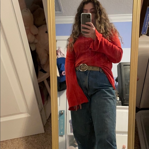 Red beaded v neck long sleeve with bell sleeves - Picture 1 of 3